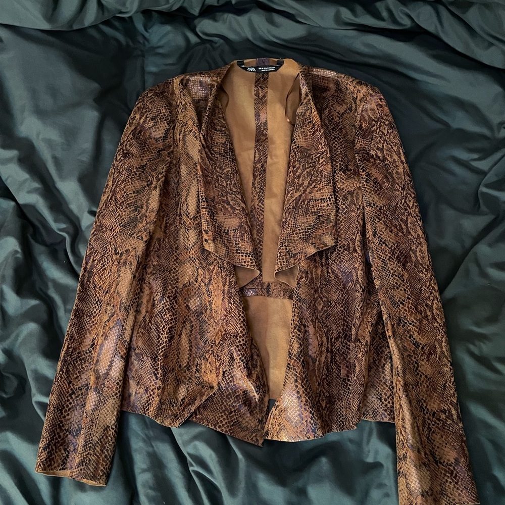 ZARA Limited Edition Brown Faux Leather Animal Print Draped Collar Jacket